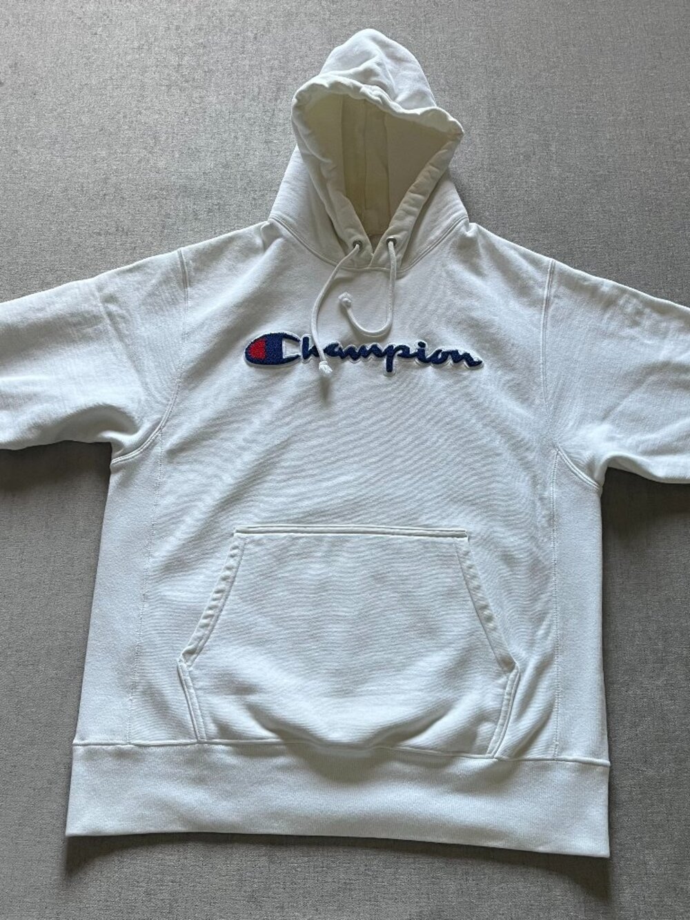 Champion Reverse Weave Hoodie Men Large White Fleece Pullover Sweatshirt Logo